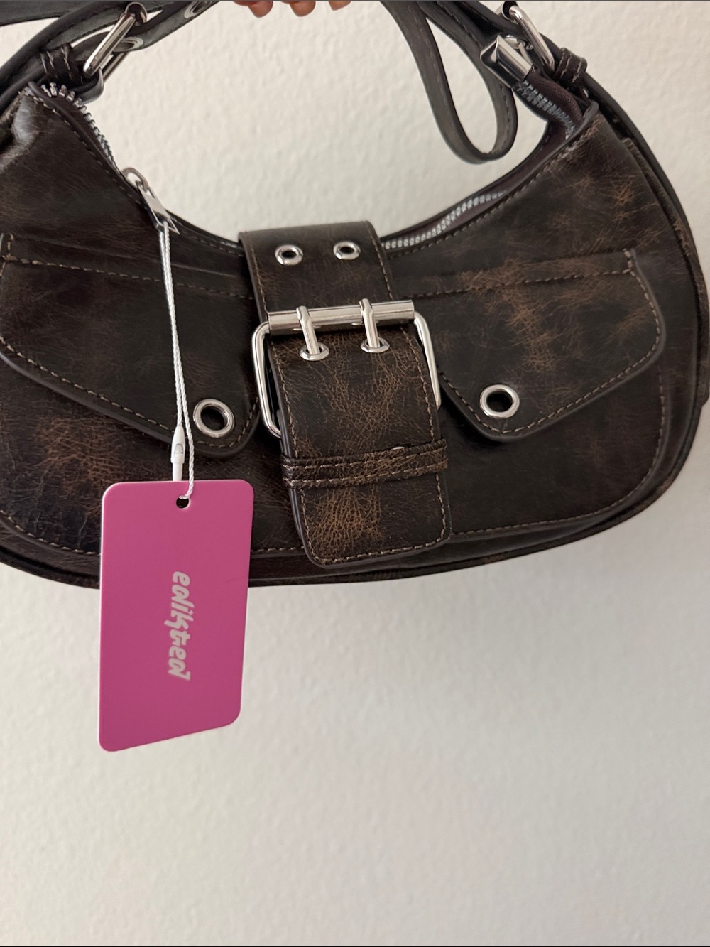 Edikted Distressed Brown Leather Shoulder Bag with Buckle